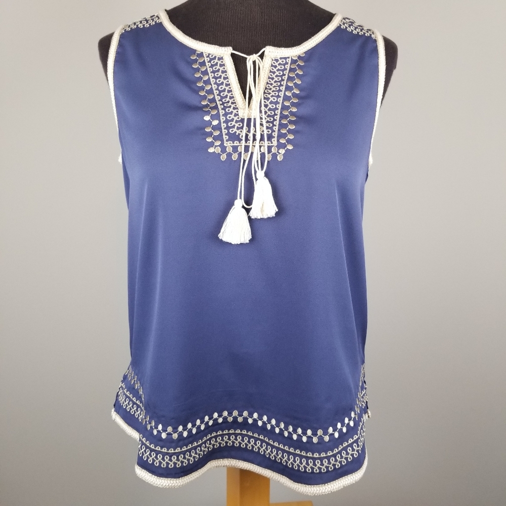 NWT: Gold embroidered blue sleeveless top